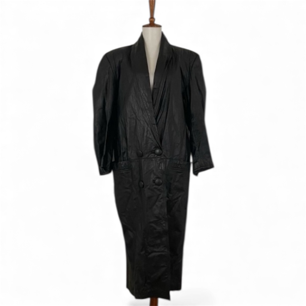 Vintage Leather Coat Women’s M Black V-Neck Long Trench Blazer Jacket‎ Relaxed